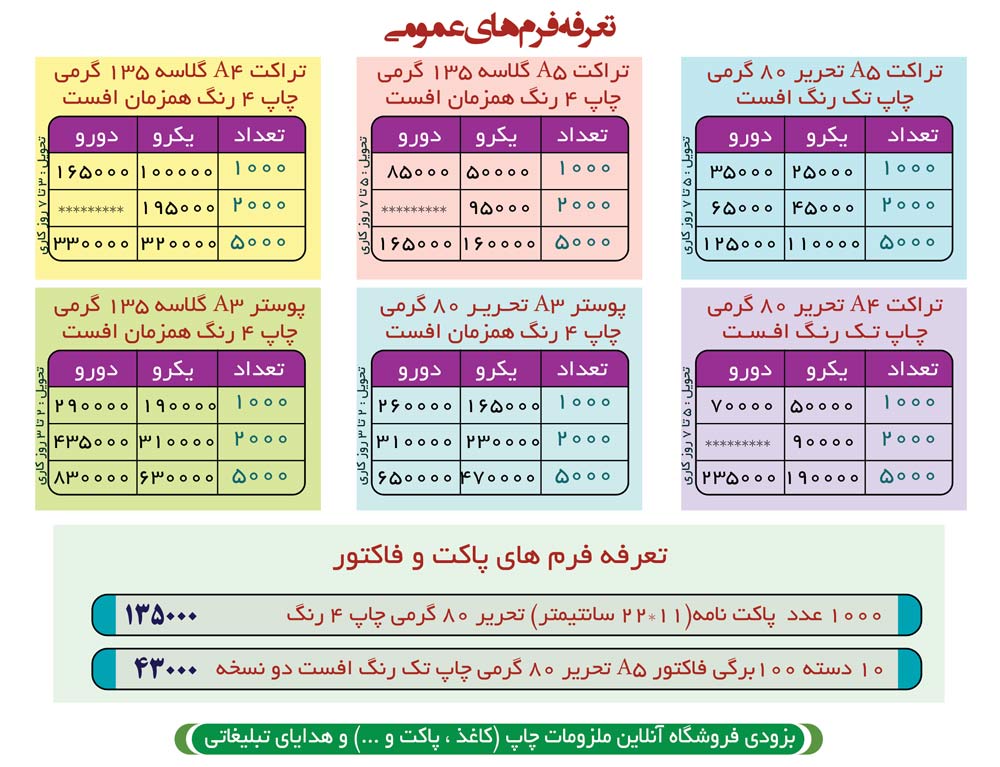 قیمت تراکت گلاسه و تحریر و چاپ فاکتور در اصفهان